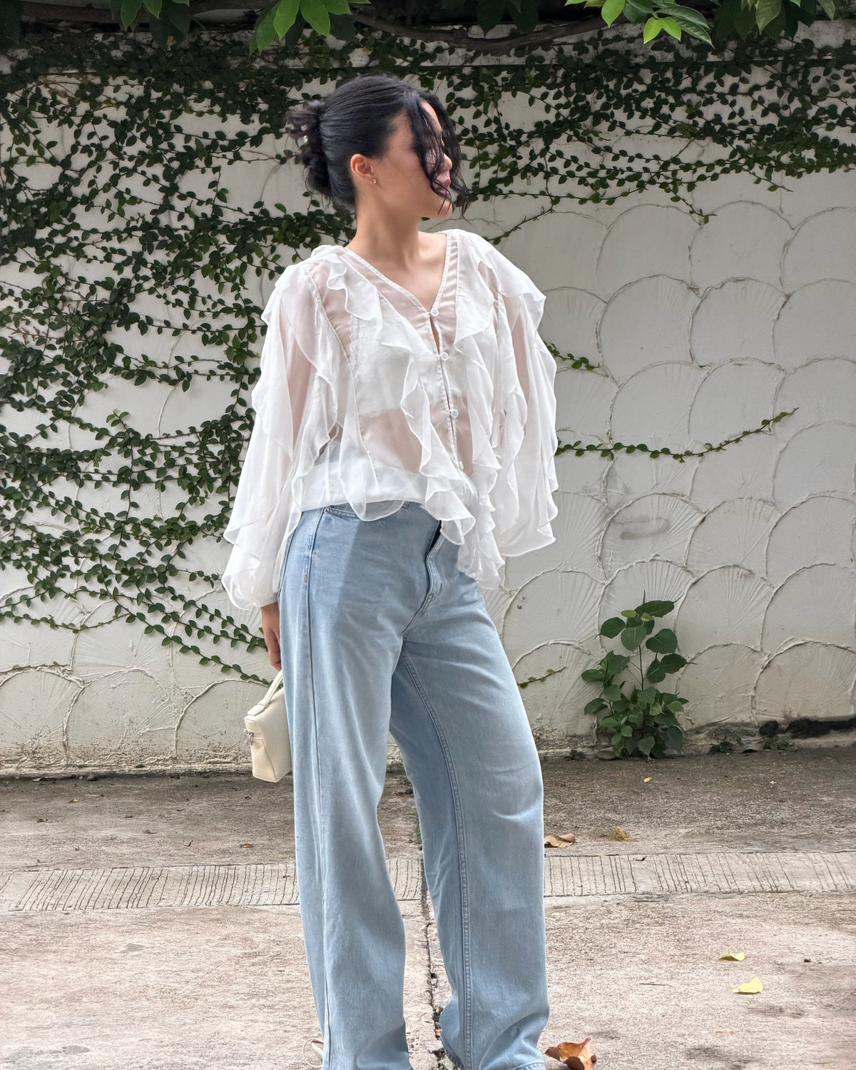 Pair Reverie Ruffle blouse in white with your favorite jeans to get casual effortless look 🤍#rvessentialsreverieruffl...