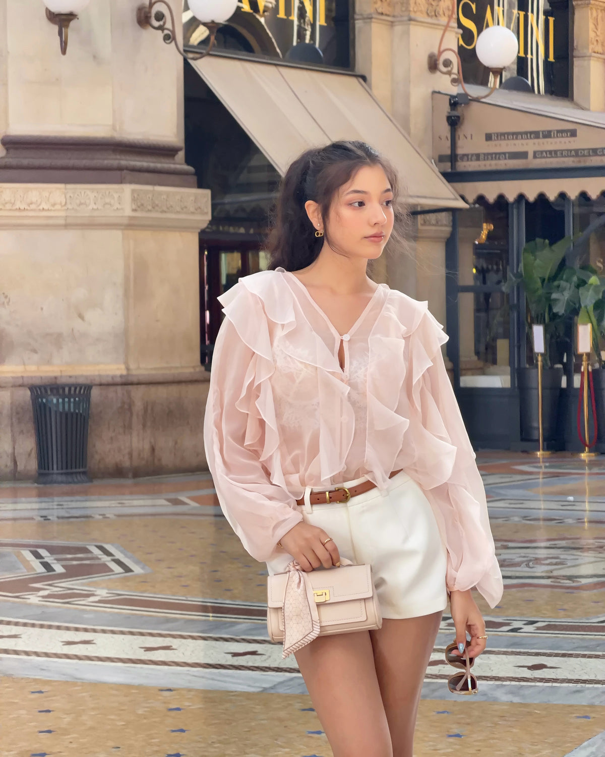 Spotted k. @vva.vi in Reverie Ruffle blouse in pink matching with Mignight shorts in white 🩰🤍#rvessentialsreverieruff...