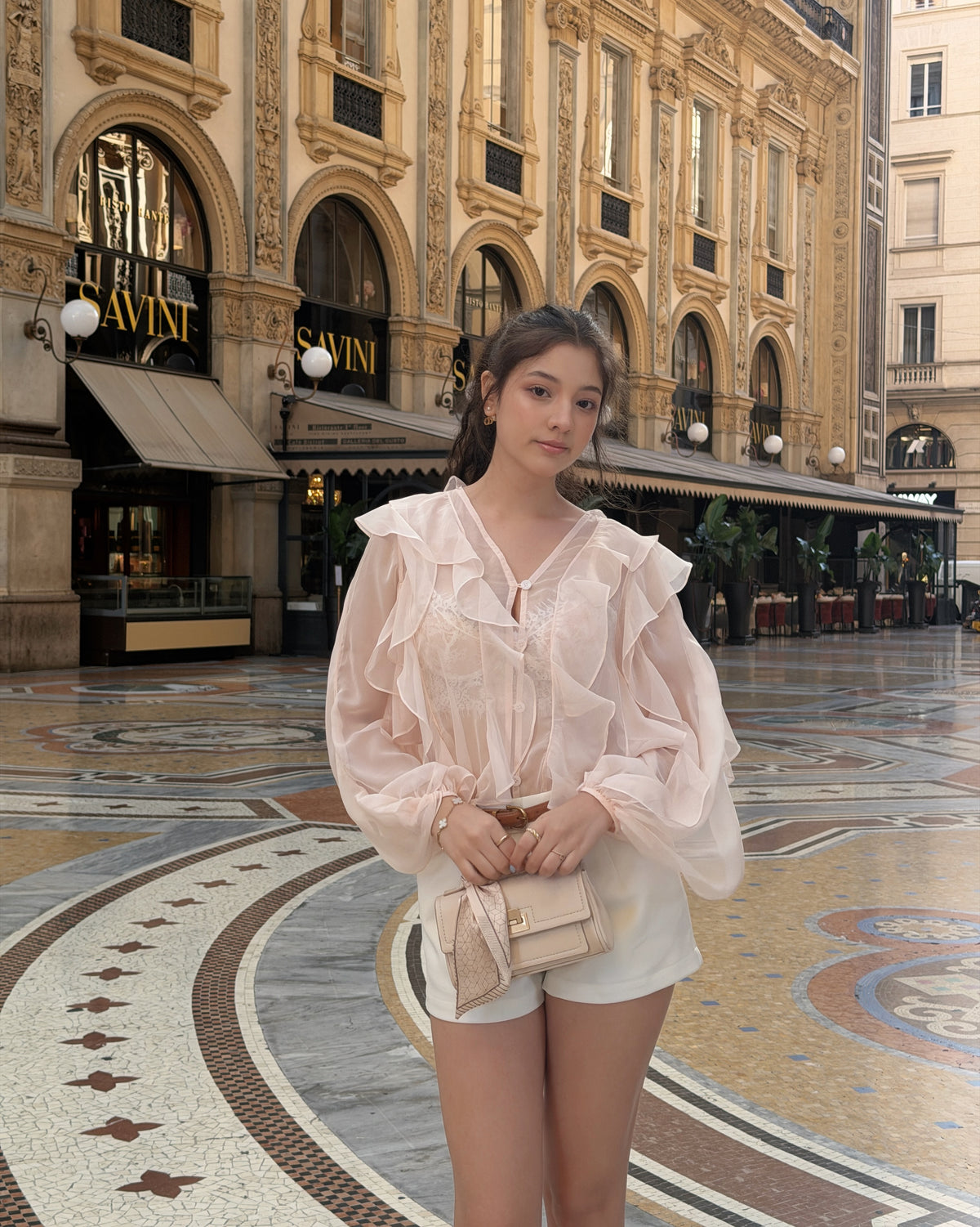 Spotted k. @vva.vi in Reverie Ruffle blouse in pink matching with Mignight shorts in white 🩰🤍#rvessentialsreverieruff...