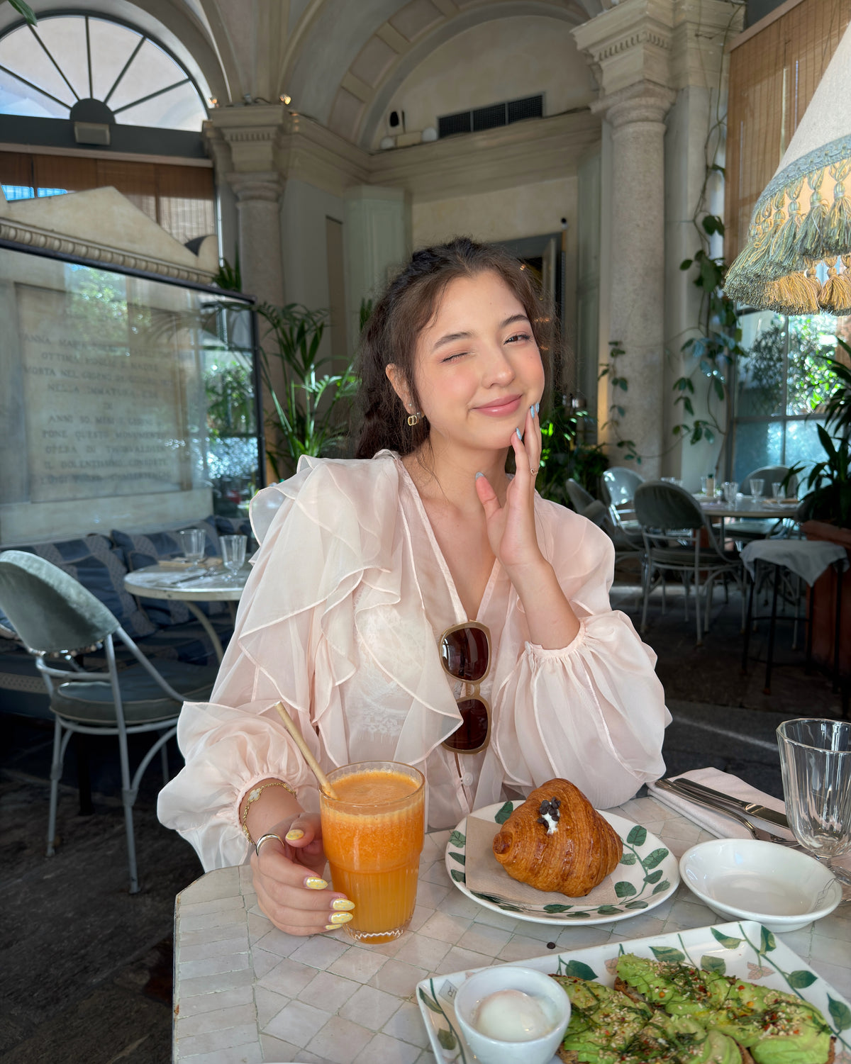 Spotted k. @vva.vi in Reverie Ruffle blouse in pink matching with Mignight shorts in white 🩰🤍#rvessentialsreverieruff...