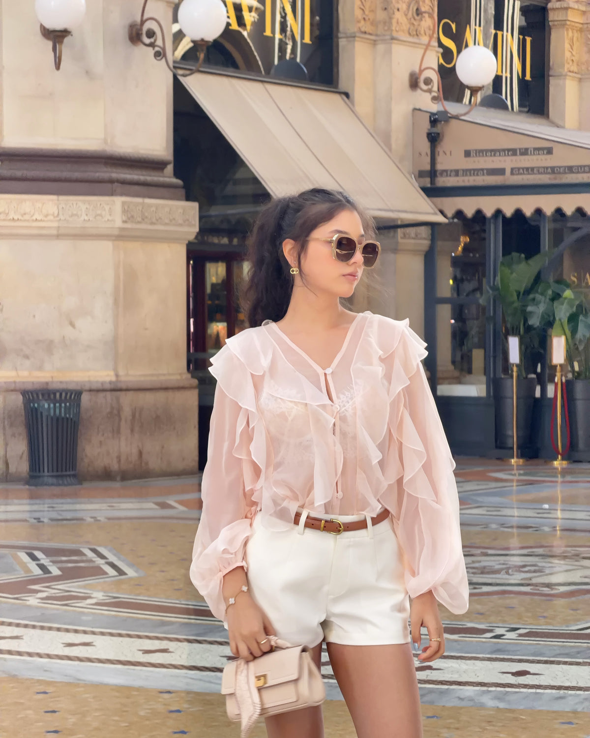 Spotted k. @vva.vi in Reverie Ruffle blouse in pink matching with Mignight shorts in white 🩰🤍#rvessentialsreverieruff...