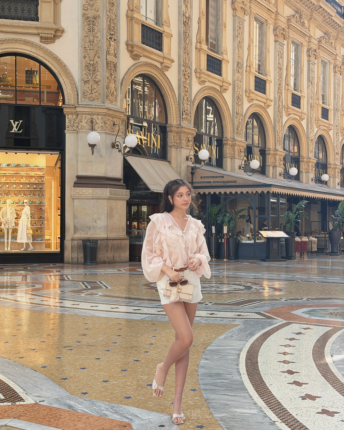 Spotted k. @vva.vi in Reverie Ruffle blouse in pink matching with Mignight shorts in white 🩰🤍#rvessentialsreverieruff...