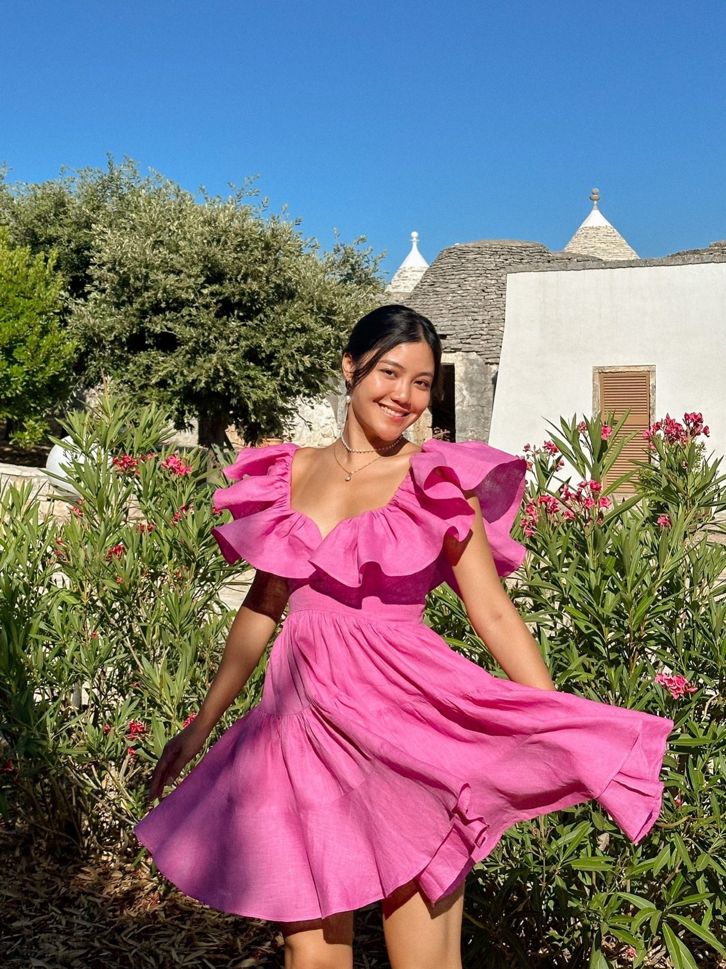 AMALFI MINI DRESS - RAVii - Pink - XS - linen fabric