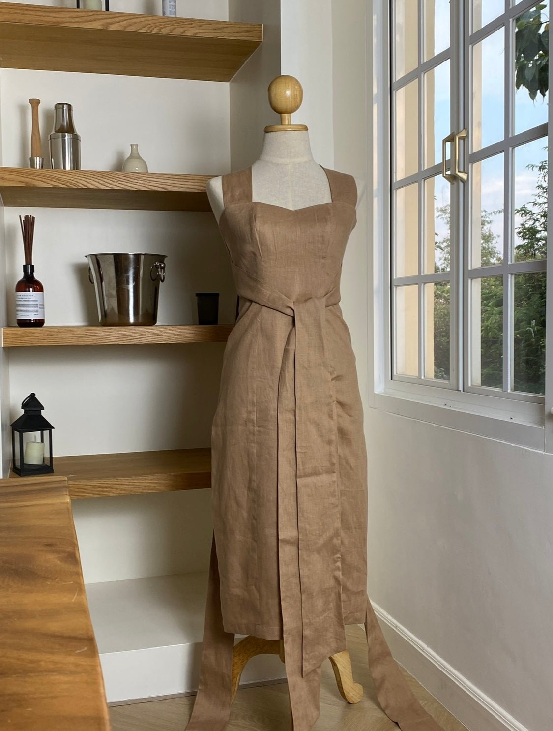 DELICATE DAYDREAM SLIT DRESS - RAVii - Light Brown - XS - linen fabric