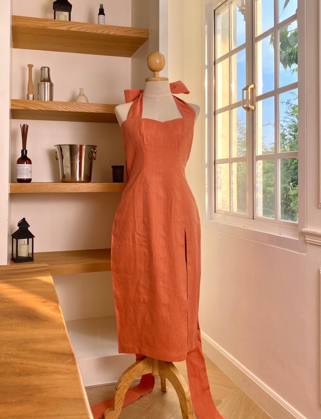 DELICATE DAYDREAM SLIT DRESS - RAVii - Orange - XS - linen fabric