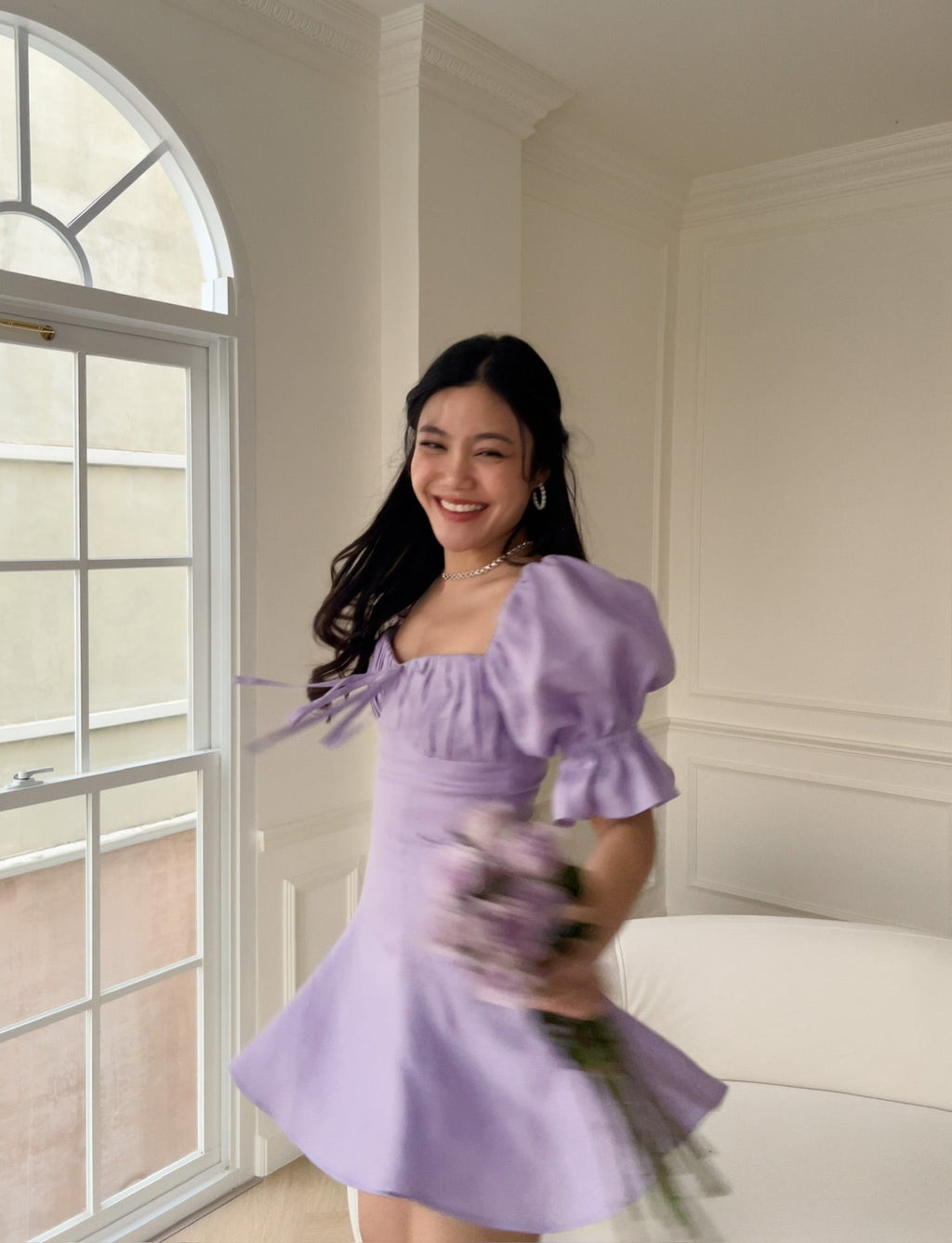 FIRST LOVE PUFFY MINI DRESS - RAVii - Purple - XS - linen fabric