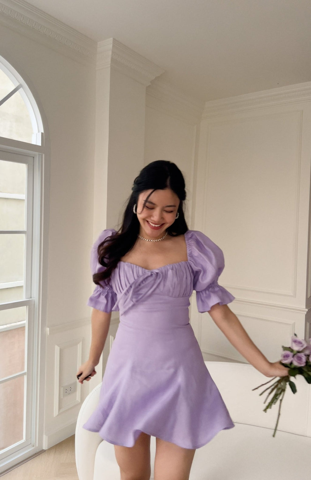 FIRST LOVE PUFFY MINI DRESS - RAVii - Purple - XS - linen fabric