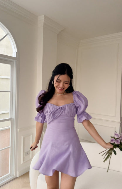 FIRST LOVE PUFFY MINI DRESS - RAVii - Purple - XS - linen fabric