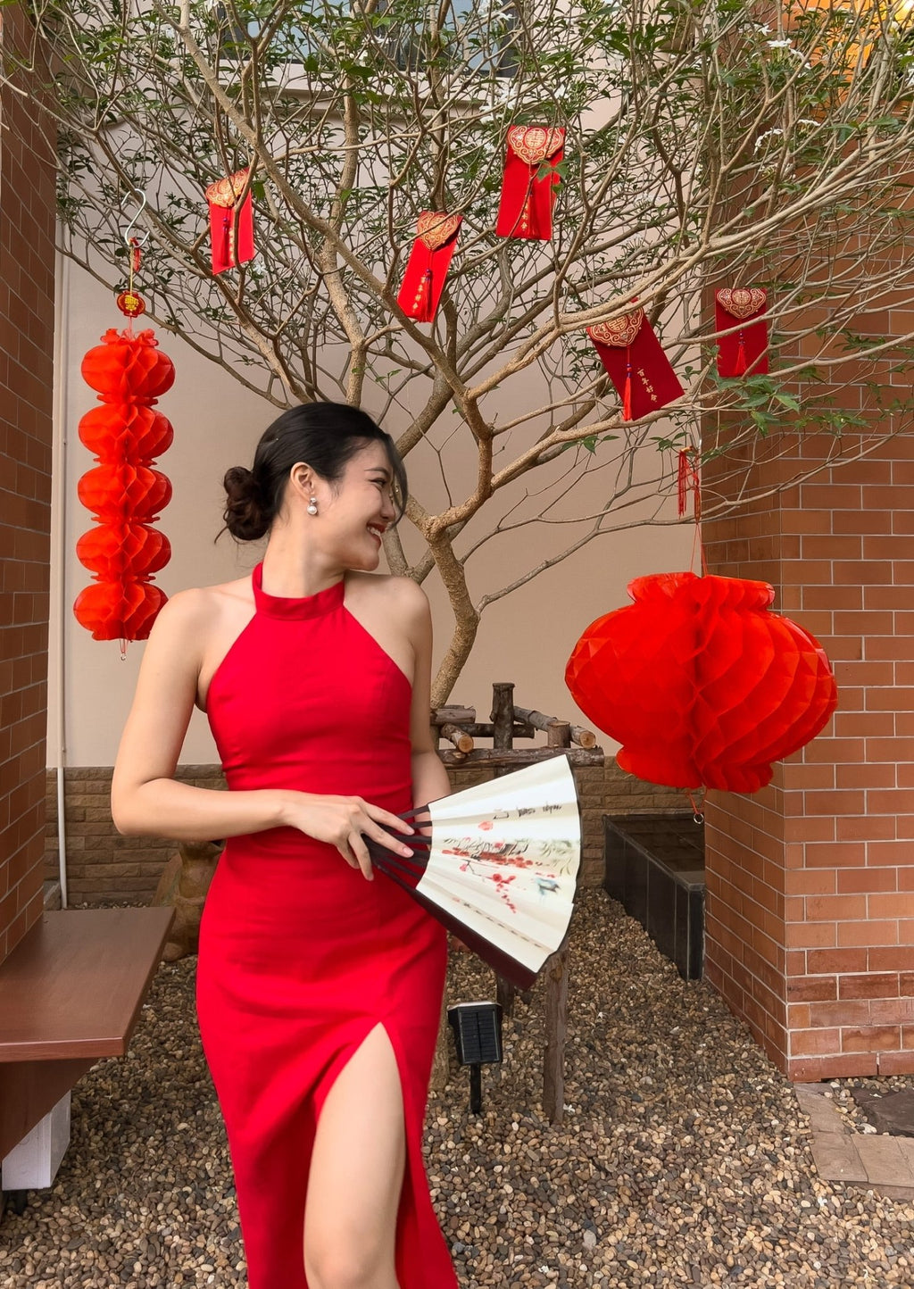 HOLIDAY 2022 HALTER MAXI DRESS - RAVii - Red - XS - linen fabric