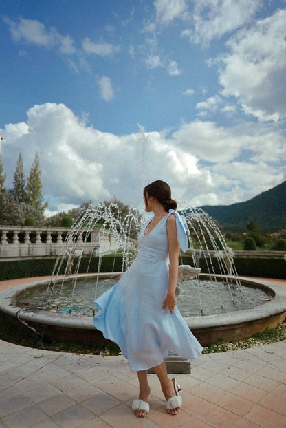 STARRY NIGHT BOW MIDI DRESS - RAVii - Blue - XS - linen fabric