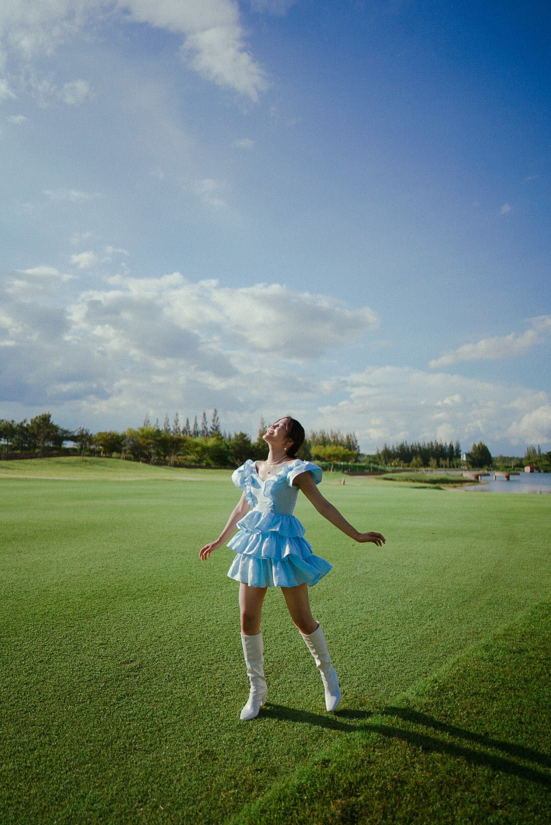 STARRY NIGHT RUFFLE MINI DRESS - RAVii - Blue - XS - linen fabric